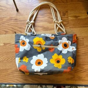 Floral Canvas Tote Bag in Gray with Yellow & Orange Flowers